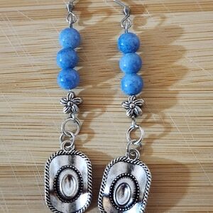 Hand Crafted Cowboy Hat Silver and Blue Beaded Earrings with Floral Accent